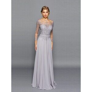 LA Merchandise Elegant Embroidery Silver Mesh Maxi Dress Size Medium #548